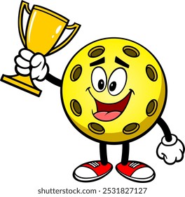 Pickleball Yellow Ball W Trophy, Hand Drawn Vector illustration, Isolated On Transparent Background
