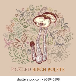 Pickled brown-cap bolete with leaves, spices and berries in engraved style. Round shape pattern background in pale colors. Vector illustration for pickled mushrooms with lettering.