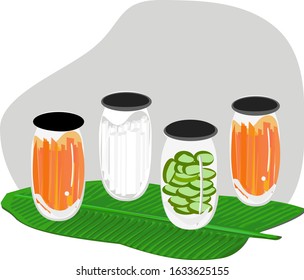 Pickled carrots, radishes, pickled cucumbers in a jar, Vector flat cartoon illustration