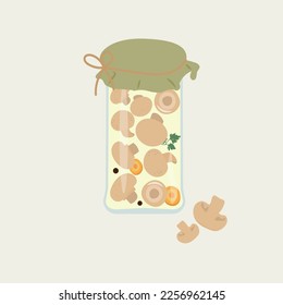 Pickled champignons in glass jar with carrot and parsley. Cartoon vector illustration.