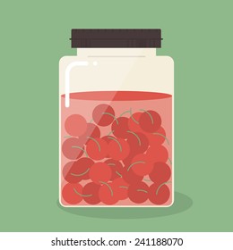 Pickled cherry in glass can on green background