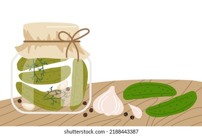 Pickled cucumber cooking. Jar preserved vegetables with ingredients for recipe, vegetables and spices on wooden table. Hand drawn sketch vector Food template for menu, sticker, recipe, farmers market