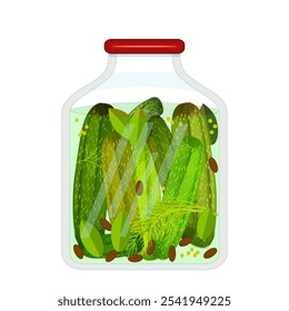 Frasco de pepino em conserva em vinagre ou salmoura isolado sobre fundo branco. Legumes preservados caseiros com especiarias e ervas no frasco. Pepinos inteiros enlatados em vidro.Conservação food.Vetor ilustração