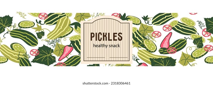 Pickled cucumber label design with seamless decorative border suitable for any size, hand drawn vector illustration. Pickles and or pickled cucumbers label.