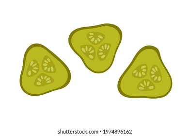 Pickled cucumber pieces. Overhead view of isolated ring slice set. Vegetable for the Mediterranean or vegan diet. Flat design style for menu, cafe, restaurant, poster, banner, emblem, sticker.