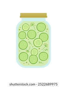 Pickled cucumber slices in glass jar.