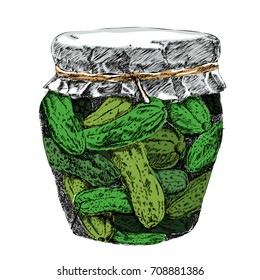 Pickled cucumbers in brine and jar vector.