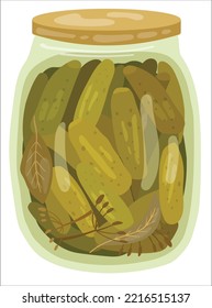 Pickled cucumbers in glass jar. Autumn canned food. Hand drawn vector illustration. Suitable for website, stickers, postcards.