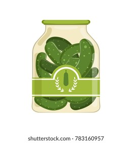 Pickled cucumbers in glass jar with brand label. Organic product. Canned food. Isolated flat vector design for product advertising in shop or supermarket