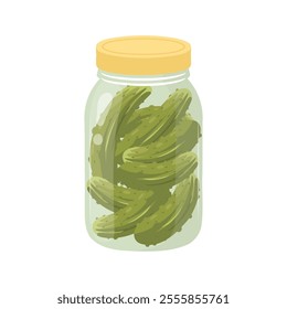 Pickled cucumbers in a glass jar. Canned vegetables. Illustration on a white background.