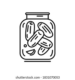 Pickled Cucumbers In A Glass Jar. Homemade Preparations Vector Outline Icon. Isolated On White.