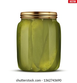 Pickled cucumbers in glass jar. Pickle Juice Trend Drink. Sports nutrition and healthy supplements. Vector Illustration isolated on white background.