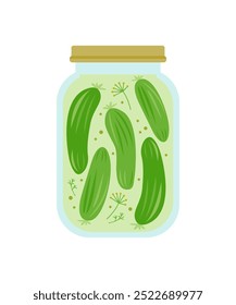 Pickled cucumbers in glass jar, vector illustration.