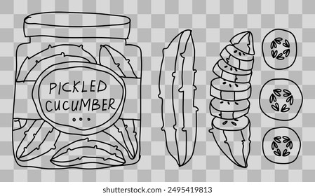 Pickled cucumbers in a jar with a label. A whole cucumber. Cucumber slices. Linear style, hand drawing