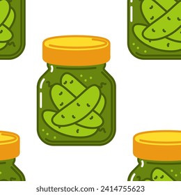 Pickled cucumbers in a jar vector cartoon seamless pattern background for wallpaper, wrapping, packing, and backdrop.