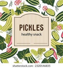 Pickled cucumbers label design for food packaging and pickles jars, hand drawn vector illustration. Pickles and salty or marinate cucumbers label.