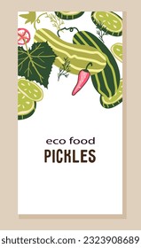 Pickled cucumbers label packaging design element, hand drawn doodle vector illustration. Design for marinated salty cucumbers and pickles packs.