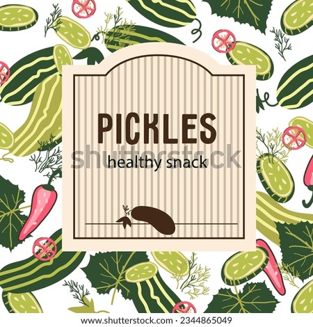Pickled cucumbers label or sticker design for food packaging and pickles jars, hand drawn vector illustration. Pickles and salty or marinate cucumbers label, tinned canned vegetables.