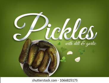 The pickled cucumbers, paper hand lettering calligraphy. Vector realistic illustration with pickles and objects of text.