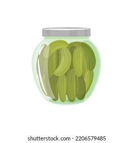 Pickled Cucumbers with spices in a jar. Homemade preserves of Cucumbers. Preparing and Preserving Food. Canned natural healthy products vector illustration.