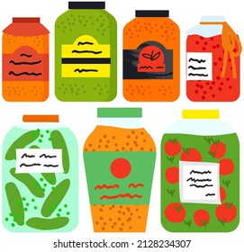 Pickled cucumbers and tomatoes in jars. Pickles, marinated with salt vegetables, foods in glass containers. Canned natural healthy products. Pickled vegetables, cucumbers, tomatoes in salty brine
