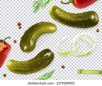 Pickled cucumbers vectorized image. Gherkin, dill, pepper, onion, coriander seeds. 3d vector realistic vegetables