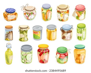 Pickled food jars. Cartoon preserved products in can jar bottle, marinating vegetables spice pot kitchen pantry, fruit pickle appetizer conserve neoteric vector illustration of glass product homemade