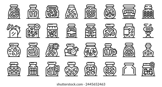 Pickled food jars icons set outline vector. Can product. Vegetable spice