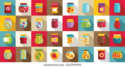 Pickled food jars icons set. Colorful jars containing various preserved foods create a vibrant and diverse display of culinary delights