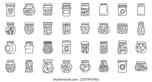 Pickled food jars icons set. Collection of jars containing preserved food, showcasing diverse shapes, contents, and lid styles, suitable for projects related to food preservation, canning