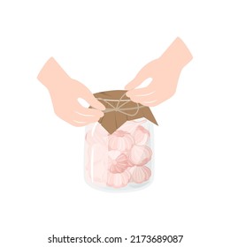 Pickled garlic with spices in a jar. Homemade preserves of garlic. Preparing and Preserving Food. Canned natural healthy products vector illustration.