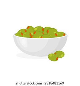 Pickled green olives in a plate. Olive stuffed by vegetables, salmon or shrimp. Appetizer in a bowl. Spain or greek cuisine. Vector Illustration.