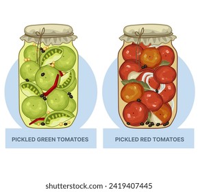 Tomates verdes recolectados, tomates rojos encurtidos. Conservación. Ilustración vectorial. 