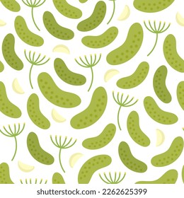 Pickled homemade cucumbers with garlic seamless pattern on a white background.