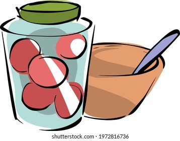 Pickled jar with tomatoes and bowl. Autumn pickled vegetables.