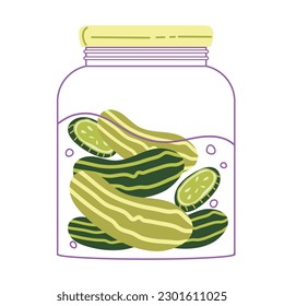 Pickled marinated cucumbers jar, preserved cucumbers vegetables can, flat doodle style vector illustration isolated on white background. Pickles canned snack in glass jar, canned food.