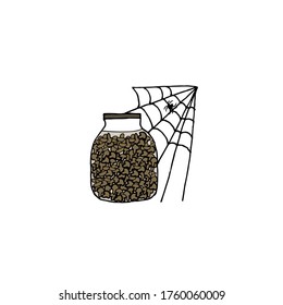 pickled mushrooms in a glass jar. harvesting products for the winter. spider on the web. Vector illustration