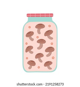 Pickled mushrooms in a jar. Vector Illustration for printing, backgrounds, covers, packaging, greeting cards, posters, stickers, textile and seasonal design. Isolated on white background.