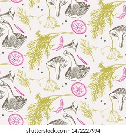 Pickled mushrooms set with dill and onion in pink and green colors. Hand drawn with brush and ink chanterelles. Homemade canning. Seamless pattern and set of ingredients 