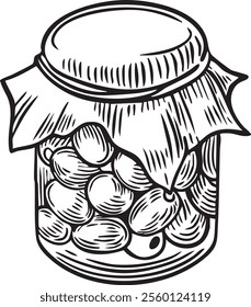 Pickled olives in a glass jar line drawing vector illustration.