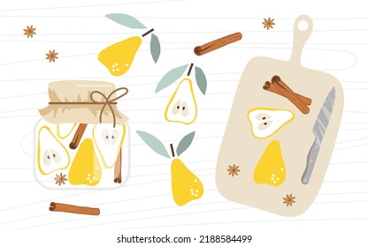 Pickled pears cooking. Pickled pears in glass jar, fresh fruit, cutting board, knife, anise, cinnamon. Homemade pickled fruit recipes. Flat vector Food template for menu, recipe, farmer market