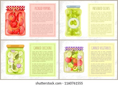 Pickled peppers, canned zucchini and vegetables, preserved green olives in rustic decorated bottles. Vector frame for text, home cooked foodstuff in jars