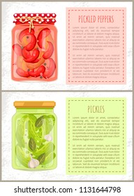 Pickled peppers and cucumbers conserved posters set with info. Jar with slices of vegetables preserved for winter, glass containers vector illustration