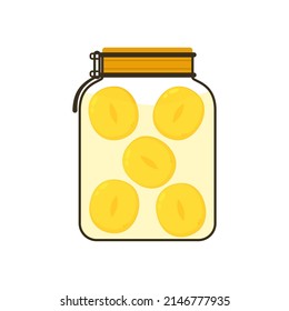 Pickled Plum cartoon vector. Vector stock illustration of plum wine. Jar of peach compote. Alcohol. Japanese fruits liquor. Homemade canned apricots. Pickled Plum in glass jar.