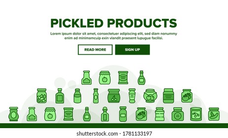 Pickled Product Food Landing Web Page Header Banner Template Vector. Pickled Berry And Fruit, Vegetables And Juice, Tomato And Cherry, Banana And Peach In Jar Illustrations