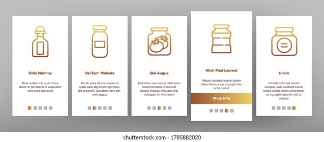 Pickled Product Food Onboarding Mobile App Page Screen Vector. Pickled Berry And Fruit, Vegetables And Juice, Tomato And Cherry, Banana And Peach In Jar Illustrations
