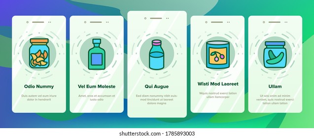 Pickled Product Food Onboarding Mobile App Page Screen Vector. Pickled Berry And Fruit, Vegetables And Juice, Tomato And Cherry, Banana And Peach In Jar Illustrations