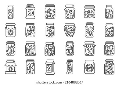 Pickled products icons set outline vector. Autumn canned. Canning carrot