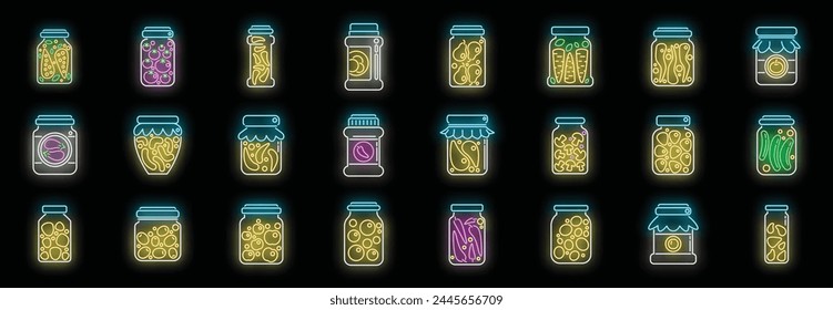 Pickled products icons set outline vector. Autumn canned. Canning carrot neon color on black