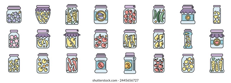 Pickled products icons set outline vector. Autumn canned. Canning carrot thin line color flat on white